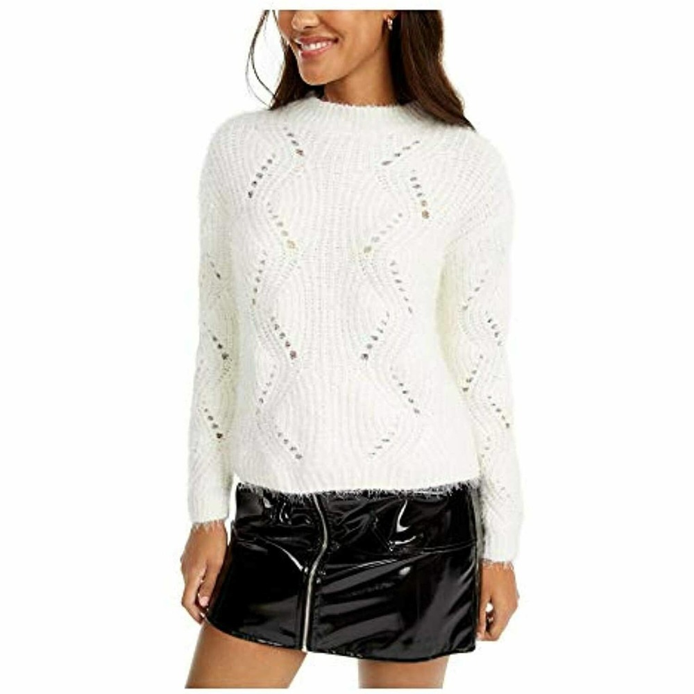 Medium Freshman Juniors Egret Pointelle Chenille Sweater Md